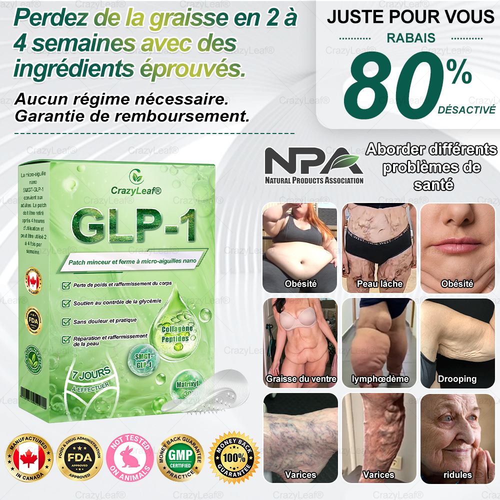 CANADA Cliniquement prouvé | Boutique officielle | Patch nano à microneedles CrazyLeaf® SMGT-GLP-1 avec collagène et Matrixyl 3000 | Cible : obésité, peau relâchée, hypertension, diabète, foie gras, douleurs articulaires, brouillard cérébral, fatigue