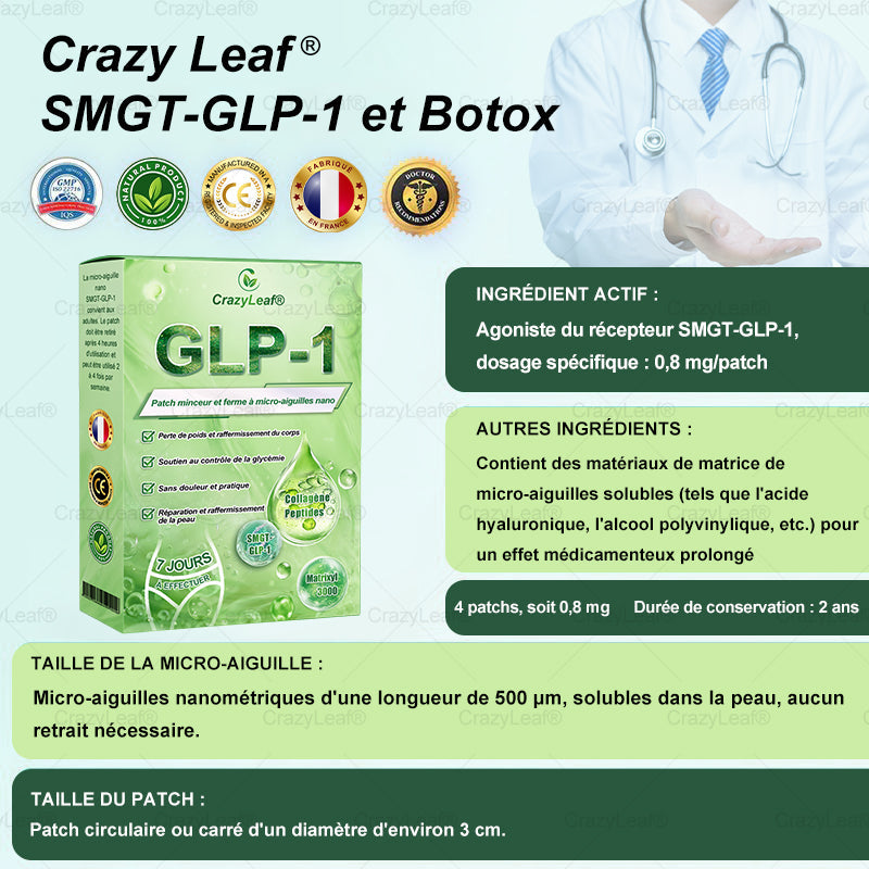 CANADA Cliniquement prouvé | Boutique officielle | Patch nano à microneedles CrazyLeaf® SMGT-GLP-1 avec collagène et Matrixyl 3000 | Cible : obésité, peau relâchée, hypertension, diabète, foie gras, douleurs articulaires, brouillard cérébral, fatigue