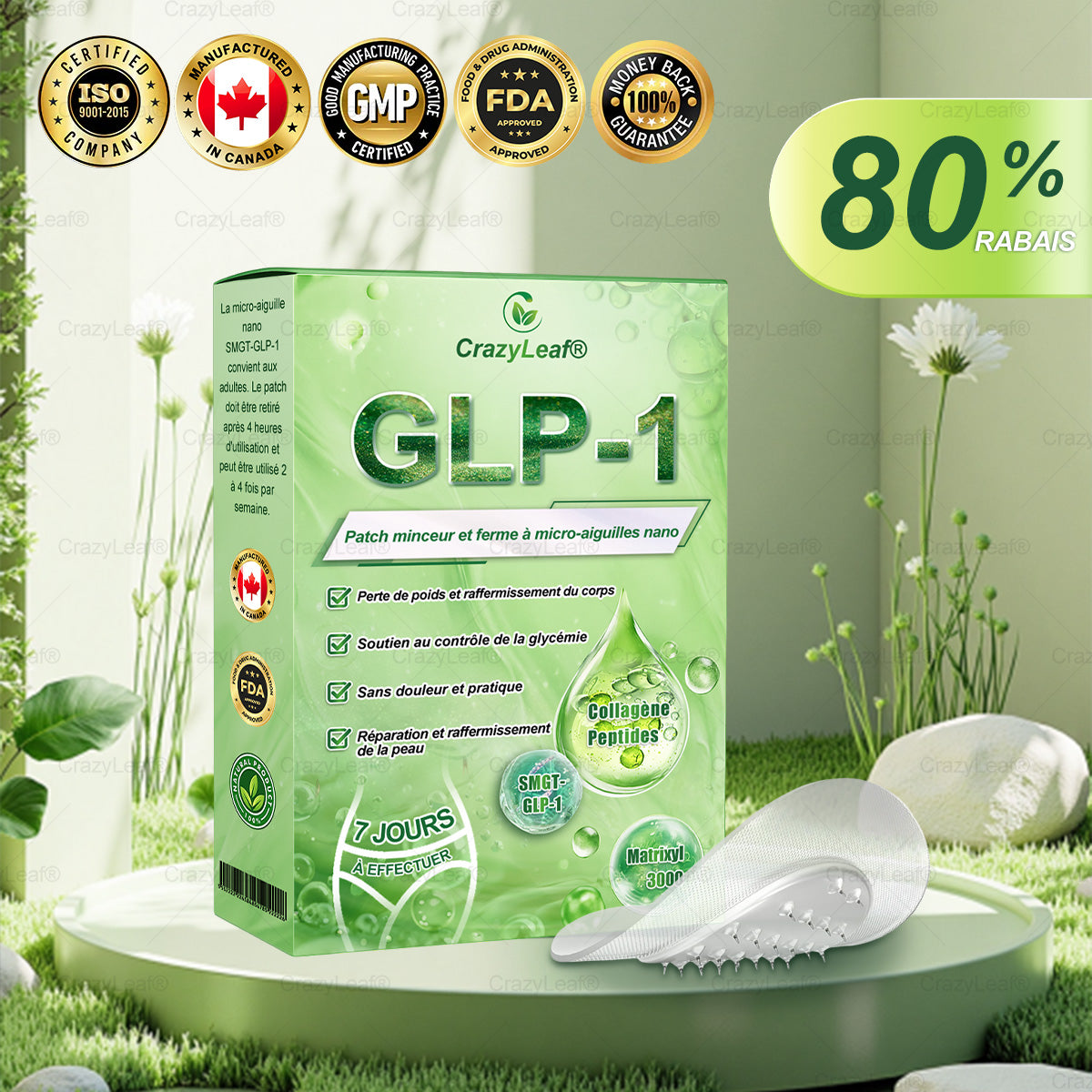 CANADA Cliniquement prouvé | Boutique officielle | Patch nano à microneedles CrazyLeaf® SMGT-GLP-1 avec collagène et Matrixyl 3000 | Cible : obésité, peau relâchée, hypertension, diabète, foie gras, douleurs articulaires, brouillard cérébral, fatigue